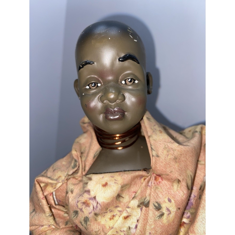 VTG African American Porcelain & Cloth 17" Tribal Doll Neck Rings W/Stand